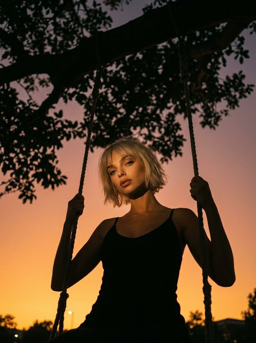 Tree Swing Golden Hour Bob Haircut Black Dress Cinematic Portrait