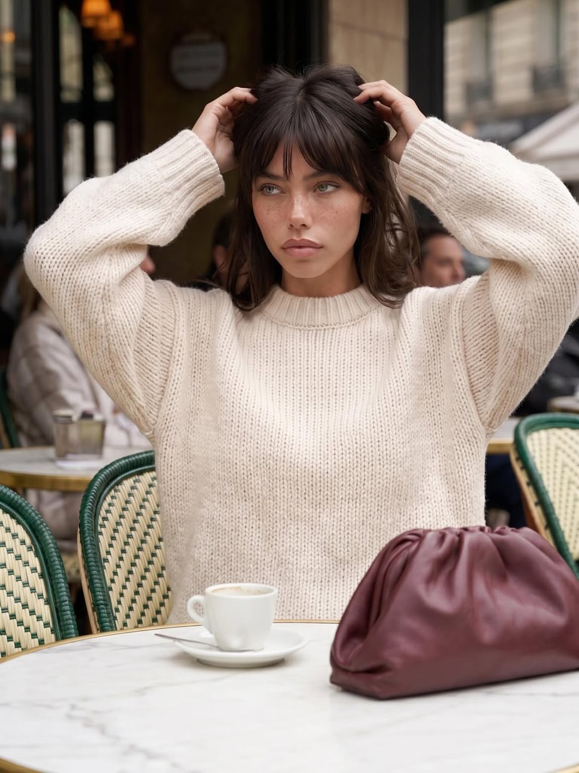 Parisian Cafe Freckles Cream Knit Sweater Editorial Portrait