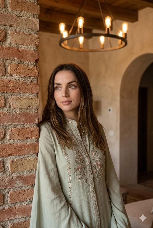 Brick Pillar Sage Green Embroidered Tunic Mediterranean Interior Portrait