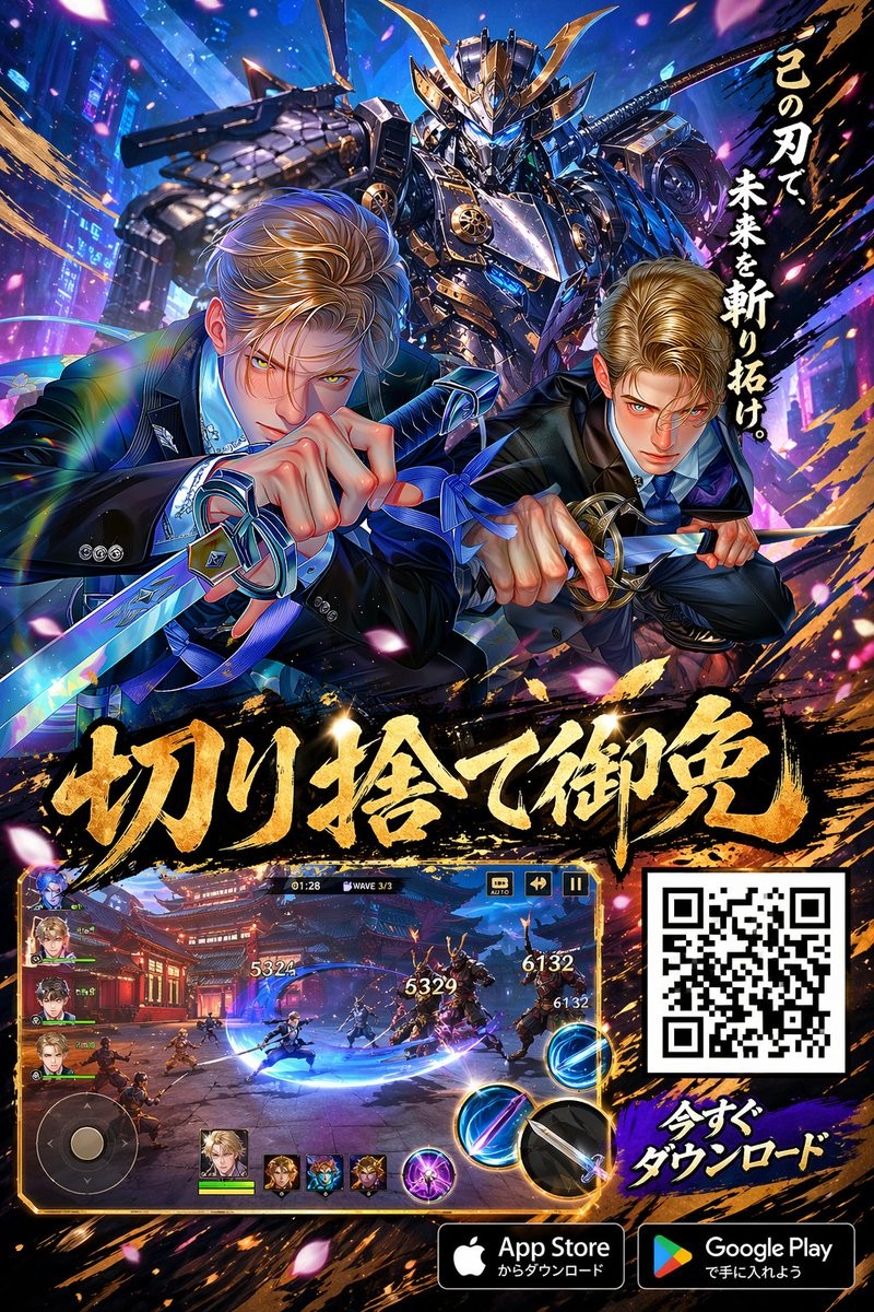 サイバーサムライ モバイルゲーム広告ポスター — GPT Image プロンプト