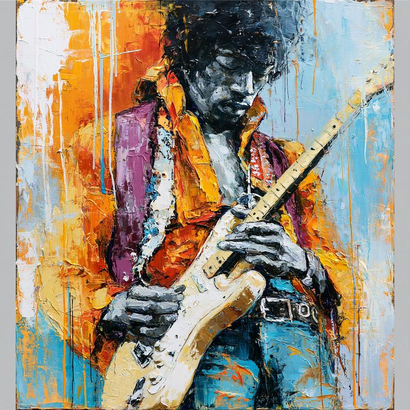 厚涂刮刀Jimi Hendrix 迷幻油画— Midjourney 提示词| LocalBanana