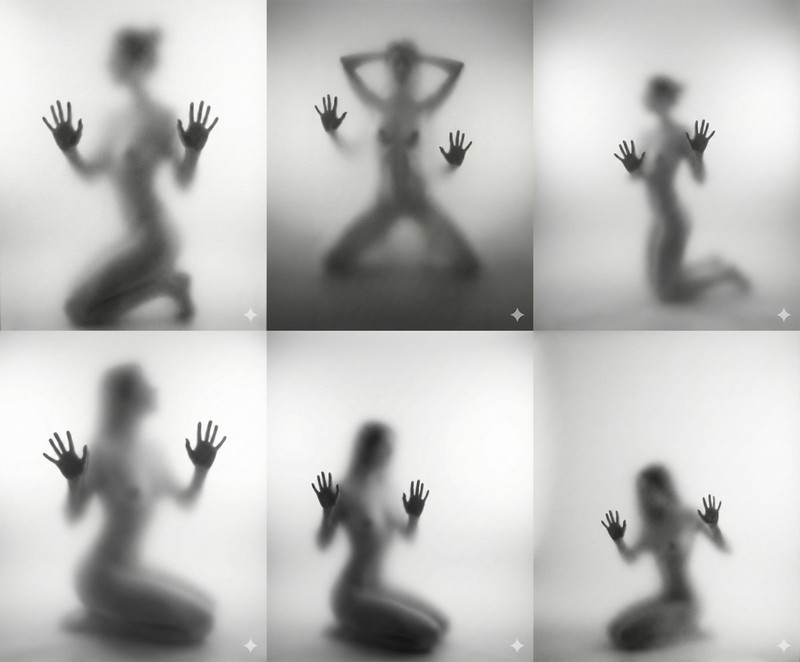 Black-and-white silhouette behind frosted glass