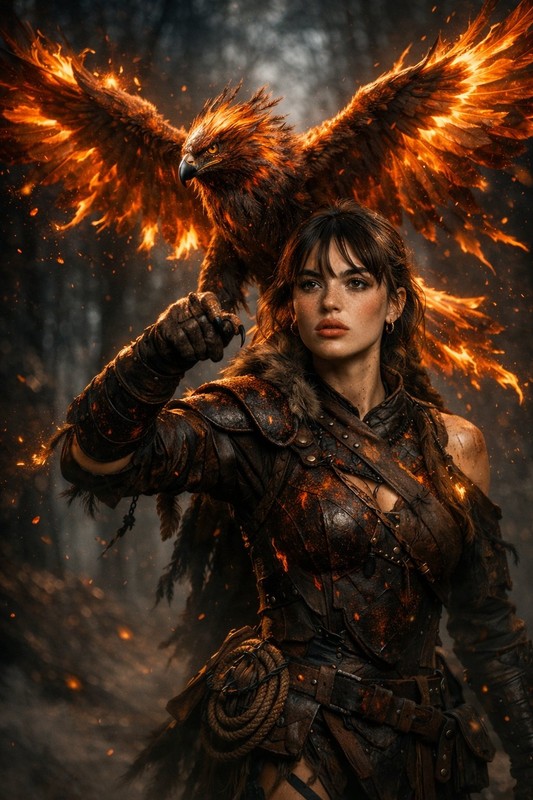 The Ember-Armored Falconer and the Flame-Winged Divine Bird
