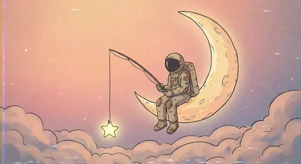 Astronaut Fishing Stars by a Crescent Moon