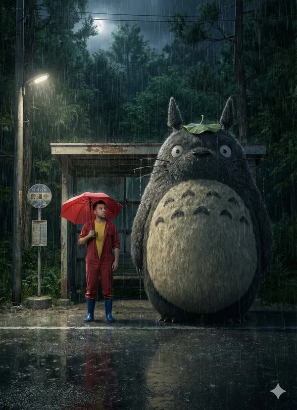 Rainy Night at Japanese Country Bus Stop