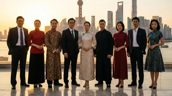 Group Photo in Celebrity Outfits at Shanghai Riverbank