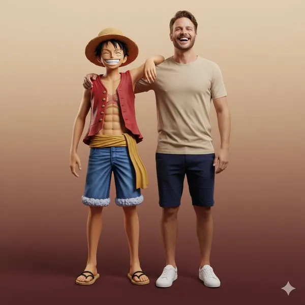 Hyperrealistic Full-Body Portrait Interacting with Luffy