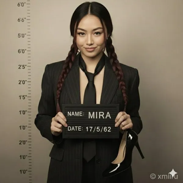 Woman in Suit Posing Like Mugshot