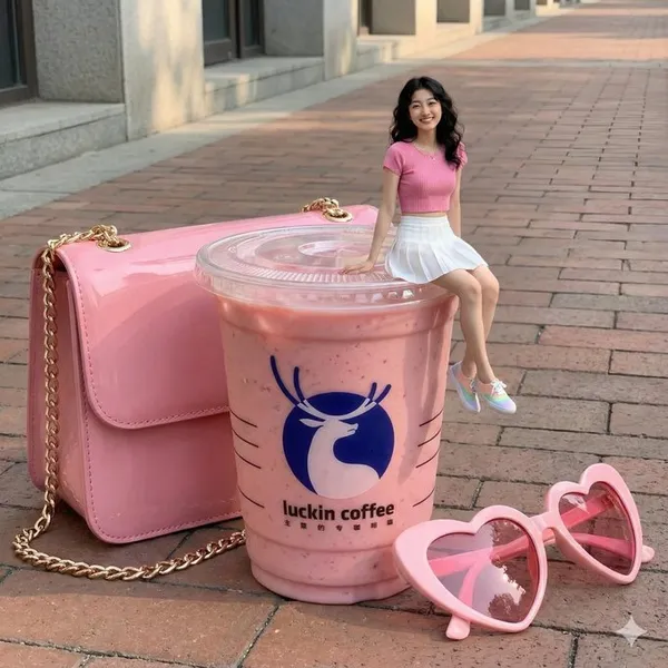 Girl Sitting on Luckin Coffee Cup