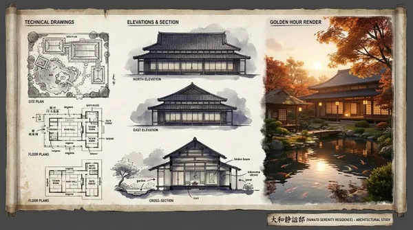 Architectural Illustrator's Presentation Board for a Residence