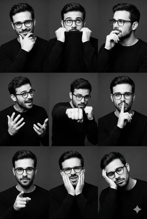 B&W 9-Grid Multi-Emotion Portrait of Man in Black