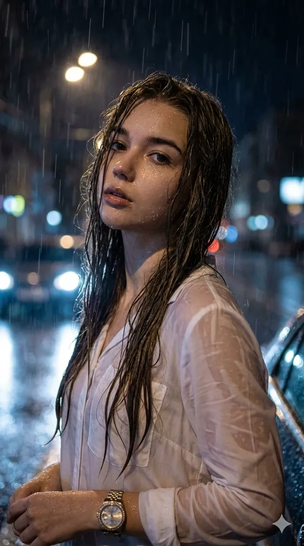 Contemplative Woman in Rainy City Night