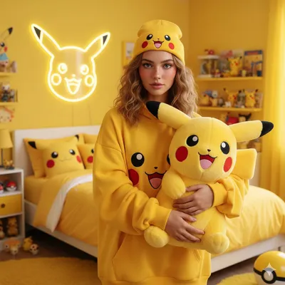 Girl in Pikachu-Themed Bedroom