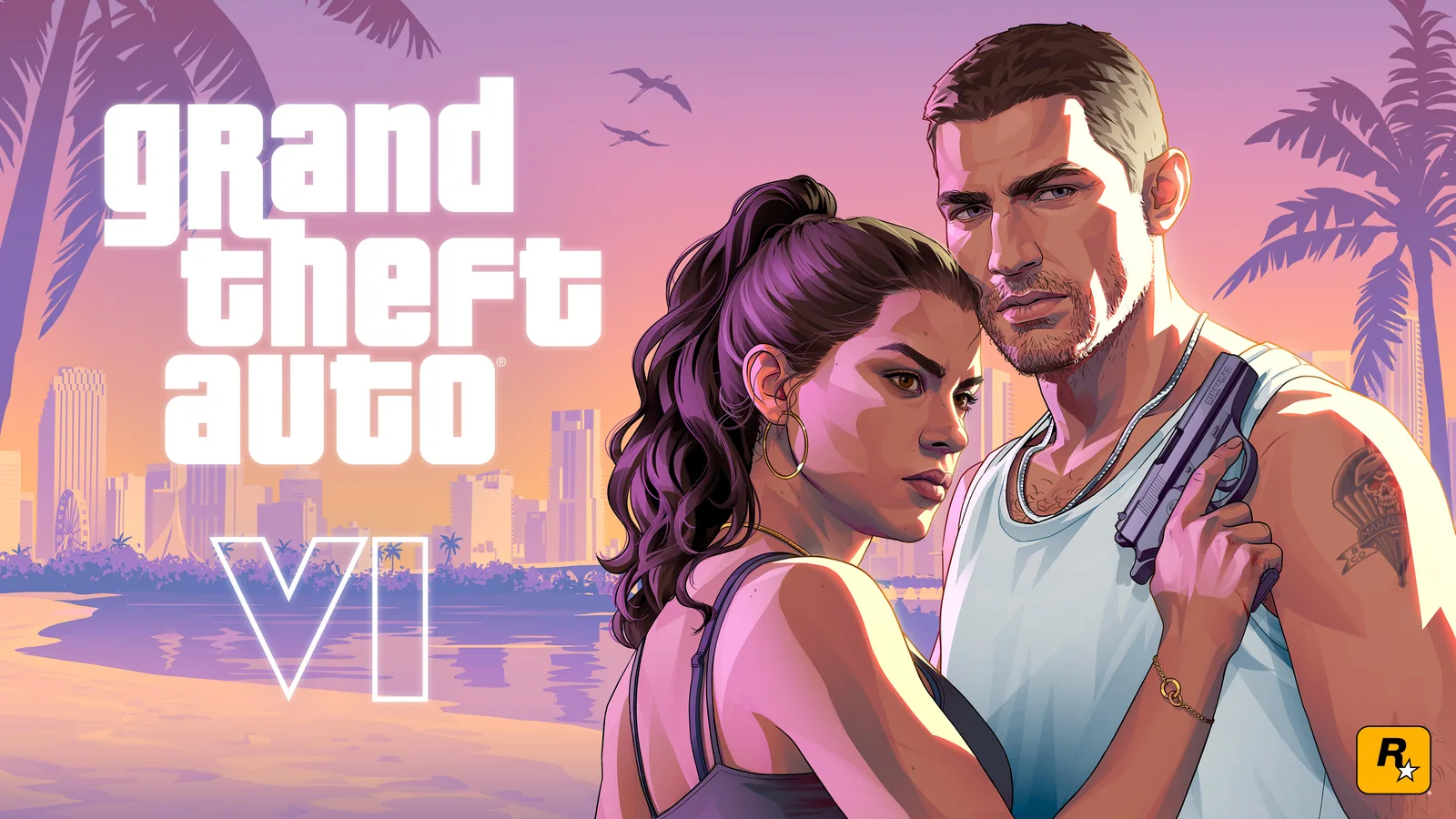 Jason and Lucia Beach With Logos, official GTA VI posters image reference